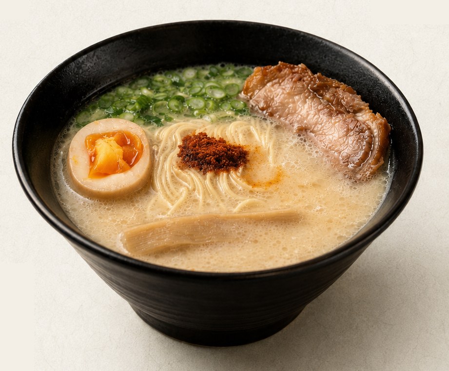 Hakata tonkotsu ramen — creamy 8-hour pork-bone broth, chashu, ajitama and handmade noodles in a black bowl