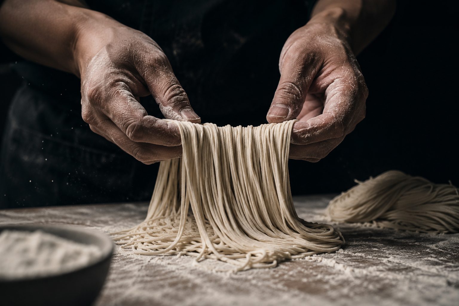 Hands pulling freshly made ramen noodles, dusted with flour