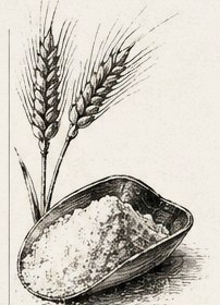 Etched illustration of wheat ears and a scoop of flour