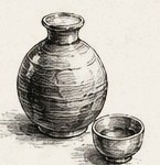 Etched illustration of a sake flask and cup