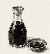Etched illustration of a soy sauce bottle and dish